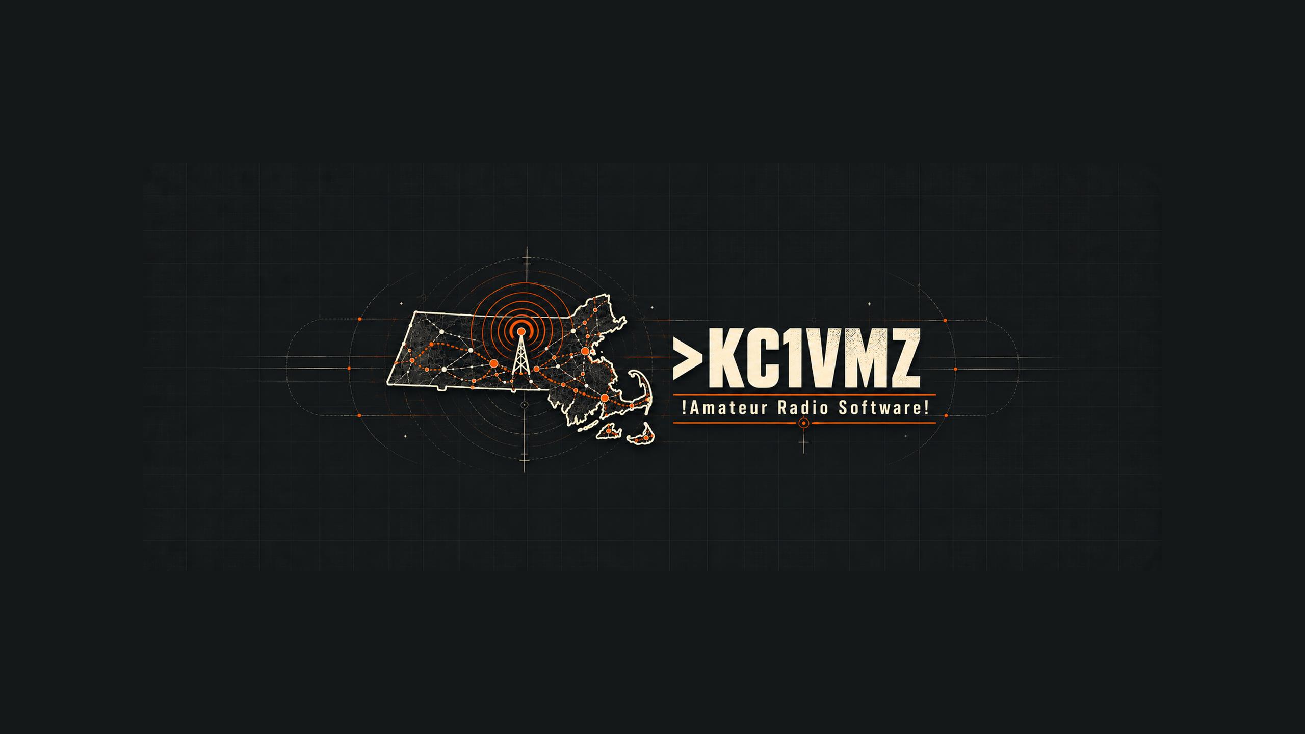 KC1VMZ branding with a Massachusetts map, radio tower, and orange network connections